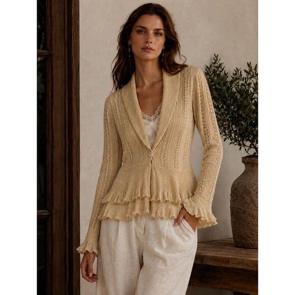 Lauren Ralph Lauren Sweaters - Ralph Lauren Tan Crochet Linen Cardigan Women’s Size XL Ruffle Hem Fairy